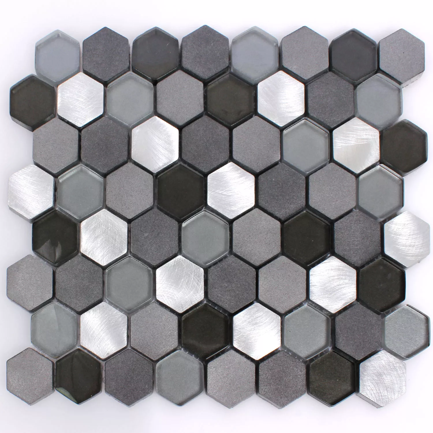 Sample Mozaïektegel Glas Alu Angela Hexagon Zwart Zilver