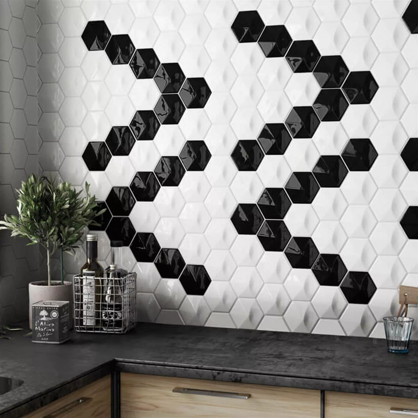 Sample Wandtegels Rockford 3D Hexagon 12,4x10,7cm Zwart