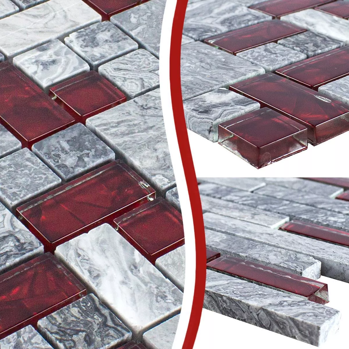 Glas Natuursteen Mozaïek Tegels Sinop Grijs Rood