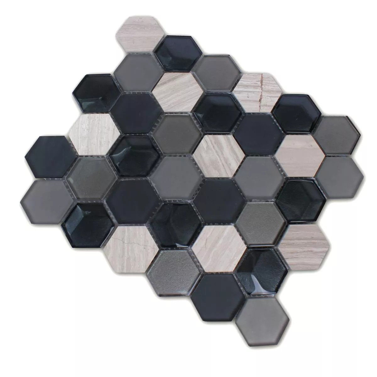 Mozaïektegel Hexagon Glas Natuursteen Zwart Grijs 3D