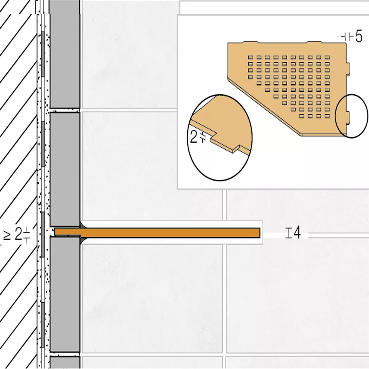 Wandplank doucheplank Schlüter 5-hoek 19,5x19,5cm golf ivoor