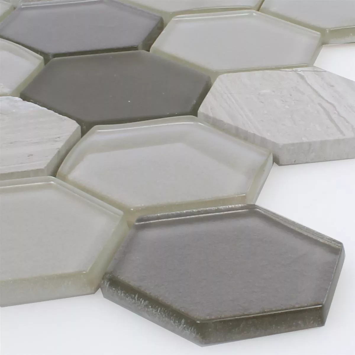 Sample Mozaïektegel Hexagon Glas Natuursteen Lichtgrijs 3D