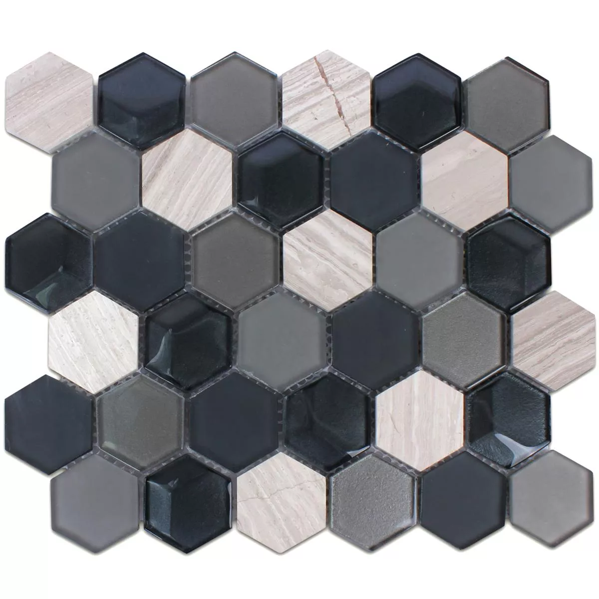 Sample Mozaïektegel Hexagon Glas Natuursteen Zwart Grijs 3D