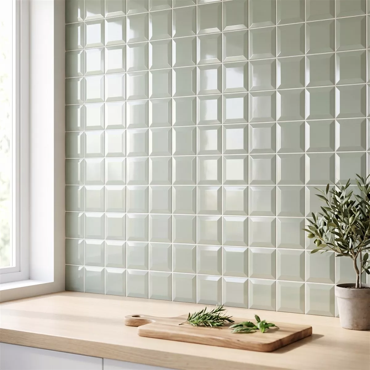 Metro tegel Groen Glanzend 10x10 cm Met Facet Catarina Sage