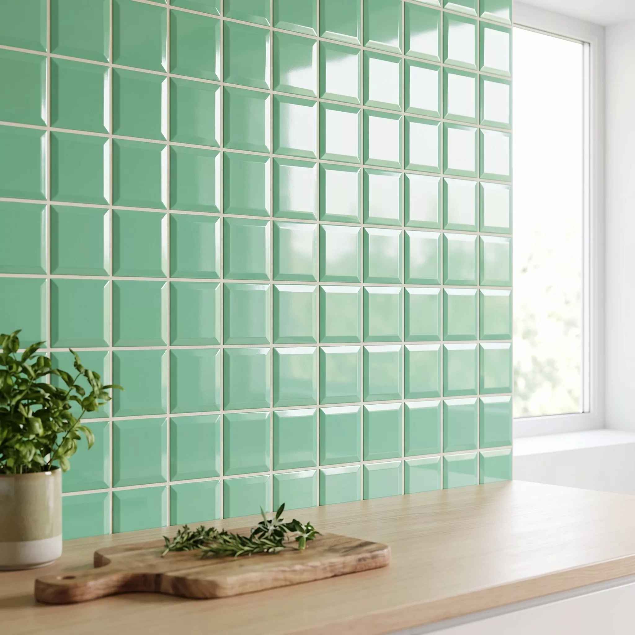 Metro tegel Groen Glanzend 10x10 cm Met Facet Catarina Manzana