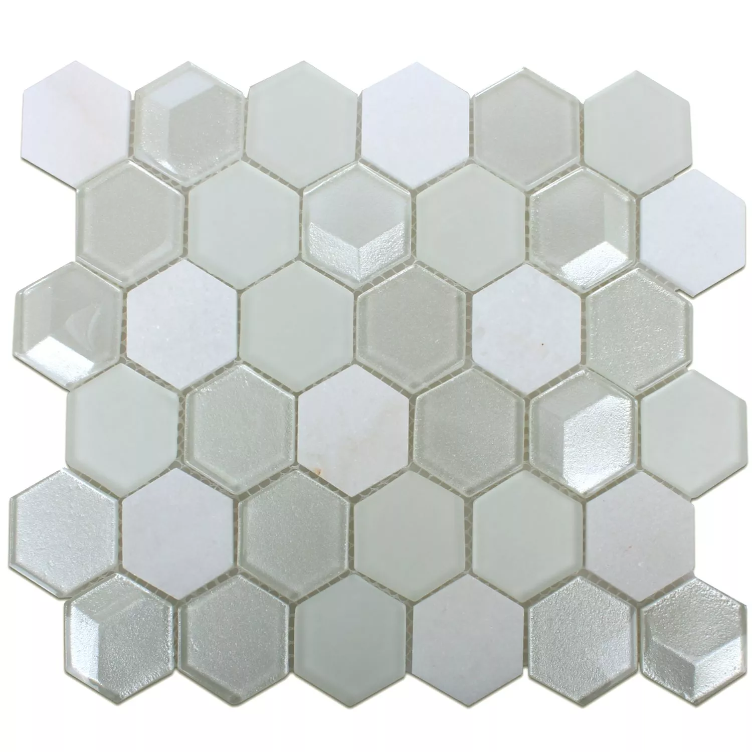 Sample Mozaïektegel Hexagon Glas Natuursteen Wit 3D